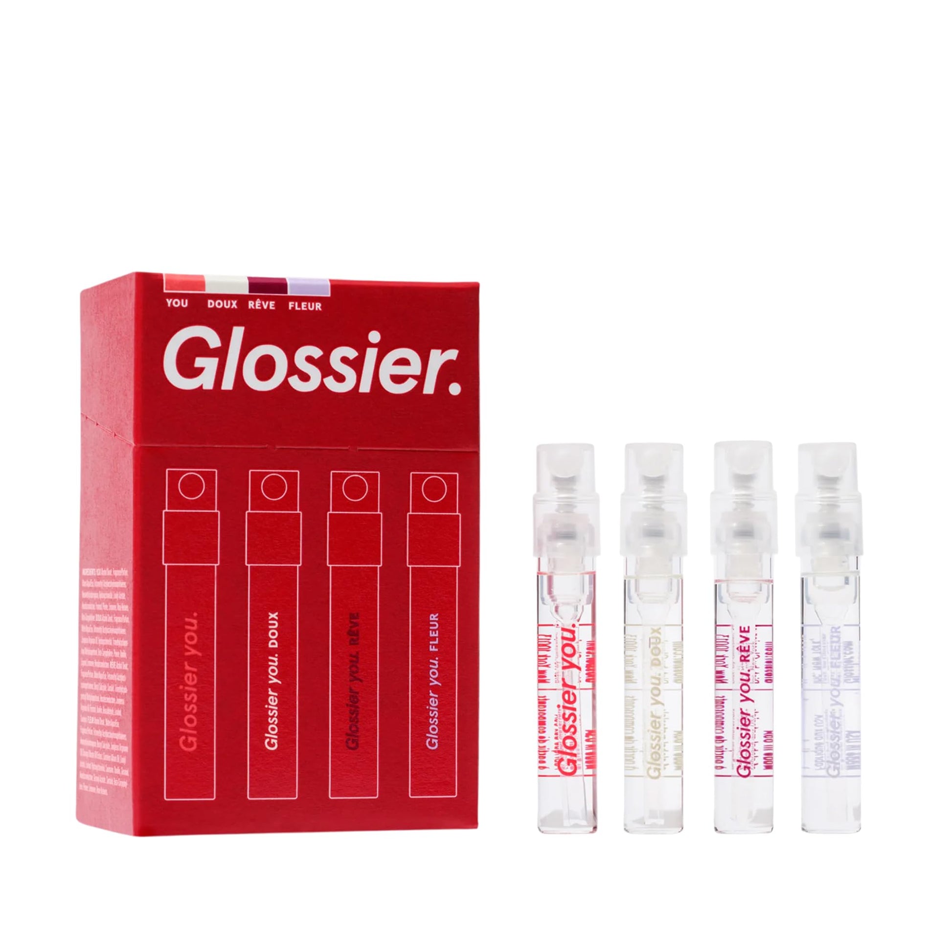 Glossier You Mini Wardrobe Fragrance Set - 4 Unisex Travel Size Eau de Parfum for Women & Men - Skin-Scent Enhancer Perfume Sampler, Smells Different on Everyone - You, Fleur, Doux, Rêve - 1.5ml Each - Maple Wellness Supplements