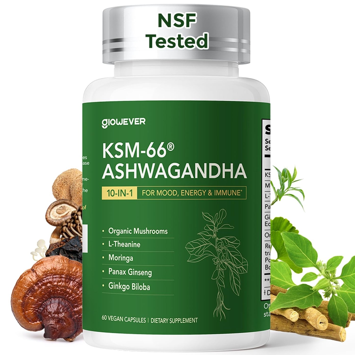 GlowEver KSM-66 Ashwagandha Supplements with L-Theanine Moringa Organic Mushrooms Complex Ginseng Ginkgo Biloba - Mood & Energy Support, Cortisol Manager, Immune Support, 60 Vegan Capsules - Maple Wellness Supplements