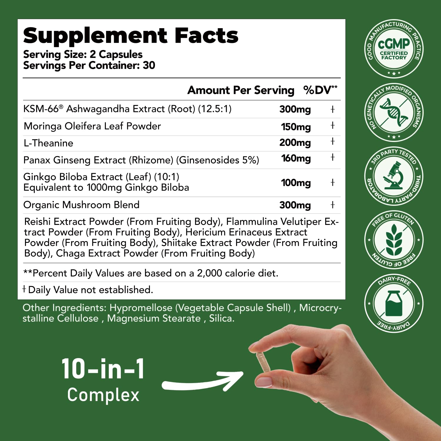 GlowEver KSM-66 Ashwagandha Supplements with L-Theanine Moringa Organic Mushrooms Complex Ginseng Ginkgo Biloba - Mood & Energy Support, Cortisol Manager, Immune Support, 60 Vegan Capsules - Maple Wellness Supplements