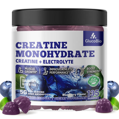 GlucoBio Creatine Monohydrate Gummies (5g) – Pre-Workout Energy & Muscle Growth Support for Men & Women - Maple Wellness Supplements