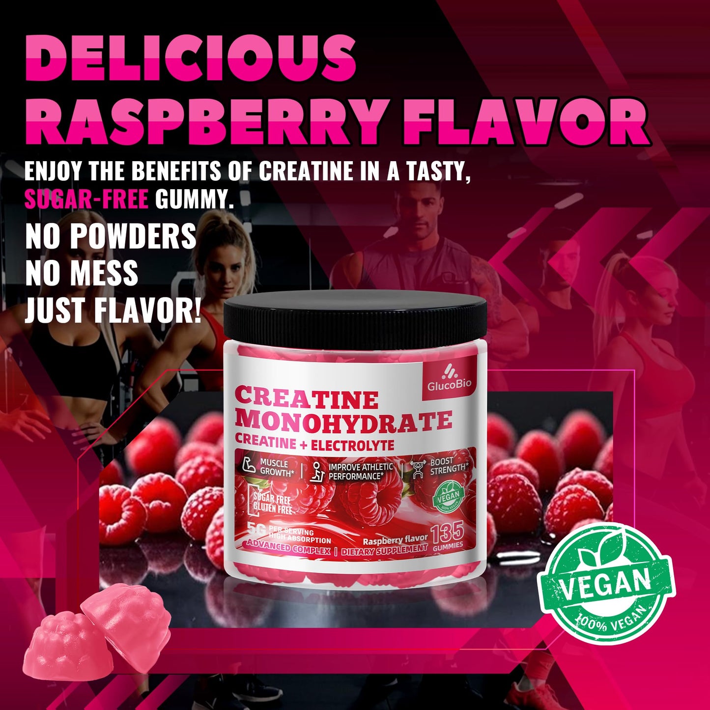 GlucoBio Creatine Monohydrate Gummies (5g) – Pre-Workout Energy & Muscle Growth Support for Men & Women - Maple Wellness Supplements