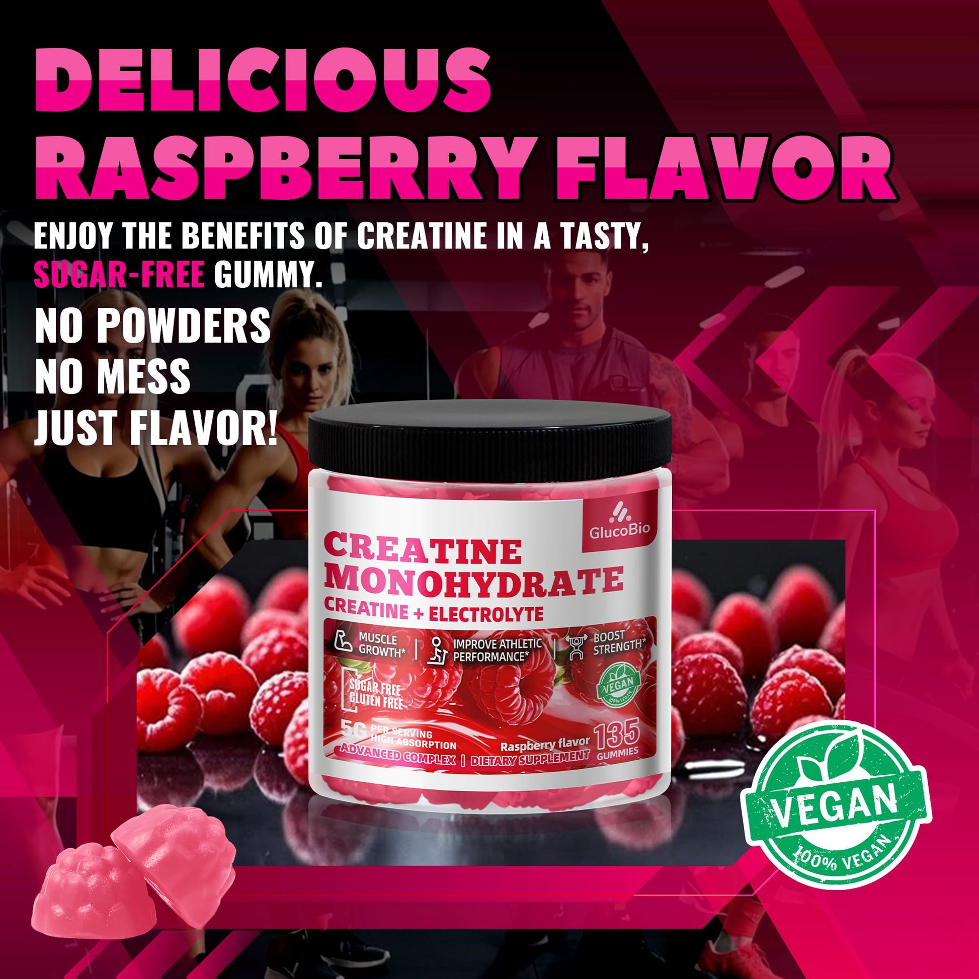 GlucoBio Creatine Monohydrate Gummies (5g) – Pre-Workout Energy & Muscle Growth Support for Men & Women - Maple Wellness Supplements
