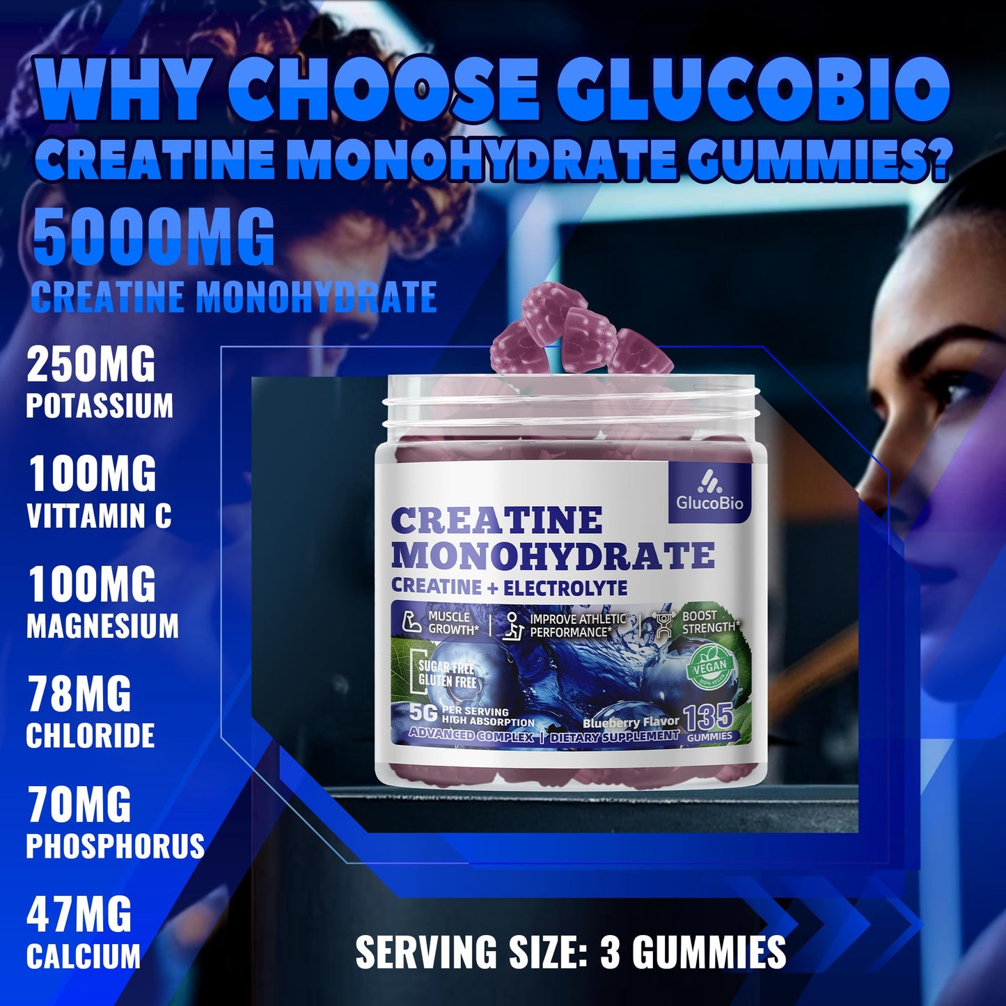 GlucoBio Creatine Monohydrate Gummies (5g) – Pre-Workout Energy & Muscle Growth Support for Men & Women - Maple Wellness Supplements