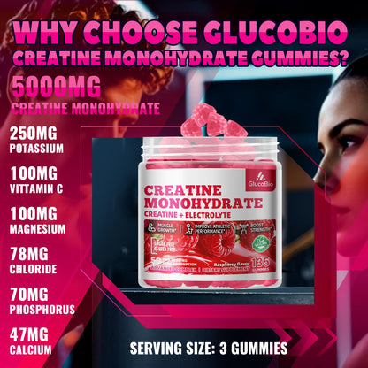 GlucoBio Creatine Monohydrate Gummies (5g) – Pre-Workout Energy & Muscle Growth Support for Men & Women - Maple Wellness Supplements