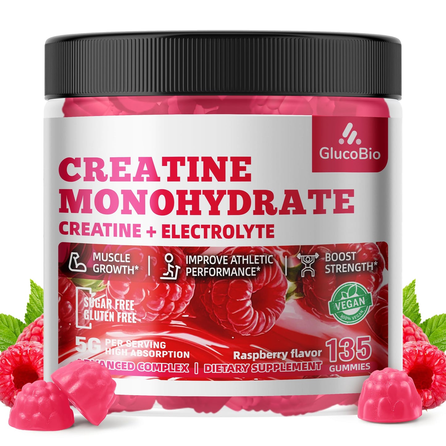 GlucoBio Creatine Monohydrate Gummies (5g) – Pre-Workout Energy & Muscle Growth Support for Men & Women - Maple Wellness Supplements