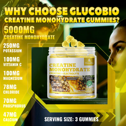 GlucoBio Creatine Monohydrate Gummies (5g) – Pre-Workout Energy & Muscle Growth Support for Men & Women | Pineapple Electrolyte Gummies (135 Count) - Maple Wellness Supplements
