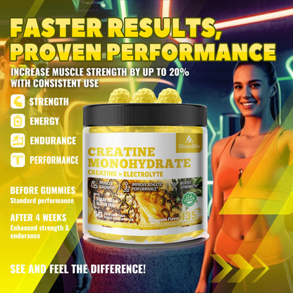 GlucoBio Creatine Monohydrate Gummies (5g) – Pre-Workout Energy & Muscle Growth Support for Men & Women | Pineapple Electrolyte Gummies (135 Count) - Maple Wellness Supplements