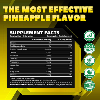 GlucoBio Creatine Monohydrate Gummies (5g) – Pre-Workout Energy & Muscle Growth Support for Men & Women | Pineapple Electrolyte Gummies (135 Count) - Maple Wellness Supplements