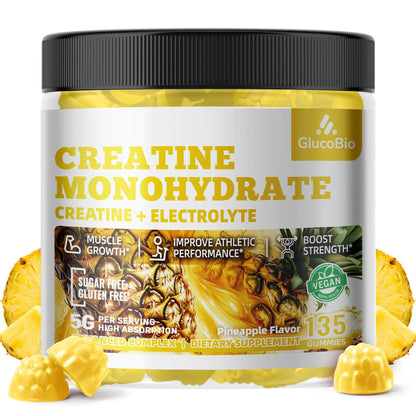 GlucoBio Creatine Monohydrate Gummies (5g) – Pre-Workout Energy & Muscle Growth Support for Men & Women | Pineapple Electrolyte Gummies (135 Count) - Maple Wellness Supplements