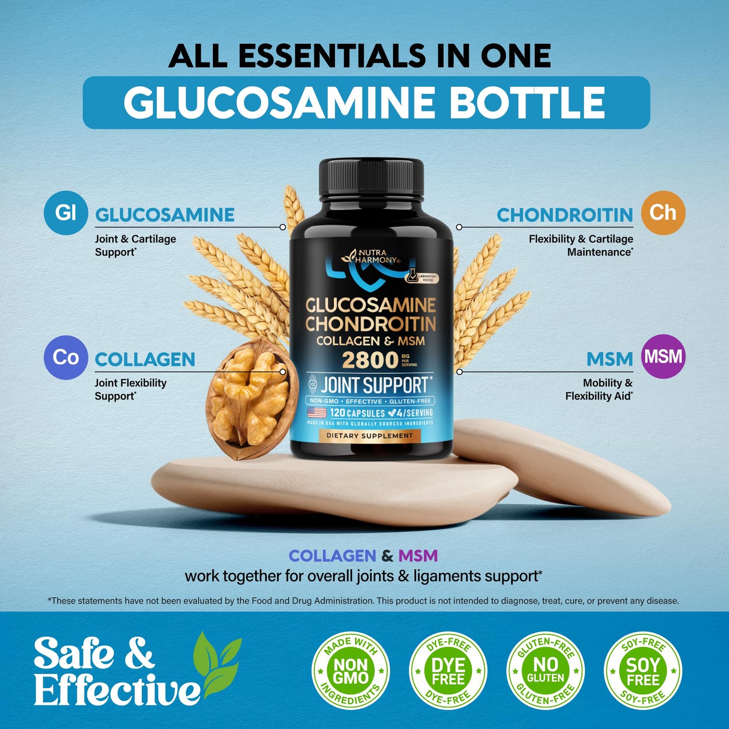 Glucosamine Chondroitin MSM Collagen | HSA | Joint Support Supplement 2800 mg | Made in USA | FSA Approved Product Items | Flexibility Nutritional Vitamins - Maple Wellness Supplements
