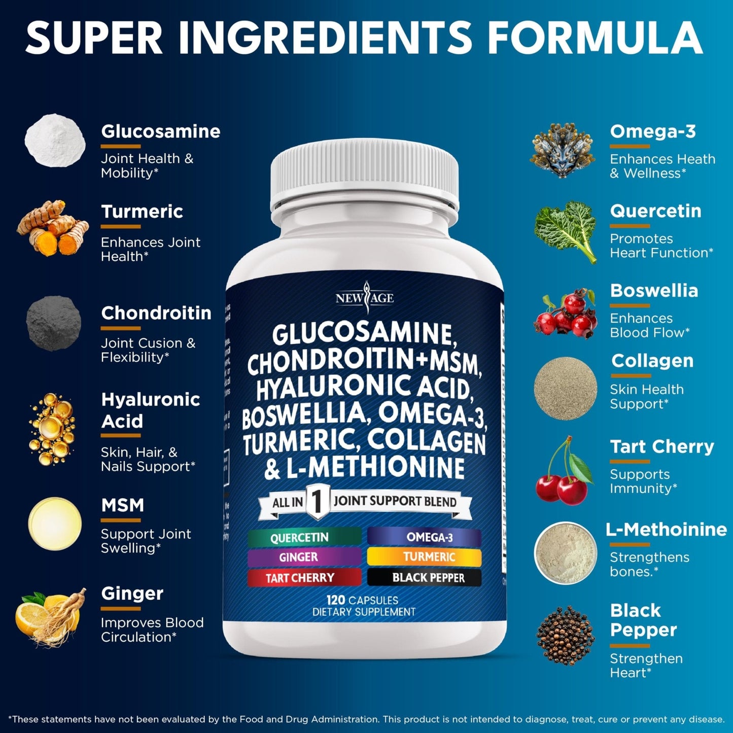 Glucosamine Chondroitin, MSM, Turmeric Curcumin, Collagen, Hyaluronic Acid, Omega 3 – Health Supplement for Men & Women – 240 Count - Maple Wellness Supplements
