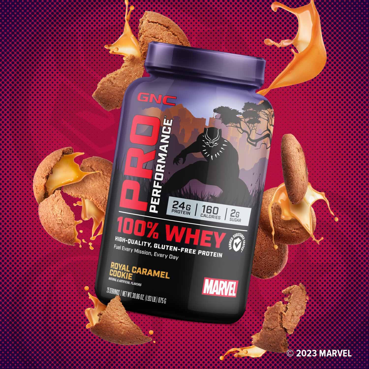 GNC Pro Performance 100% Whey - Marvel: Royal Caramel Cookie - 25 Servings - Maple Wellness Supplements