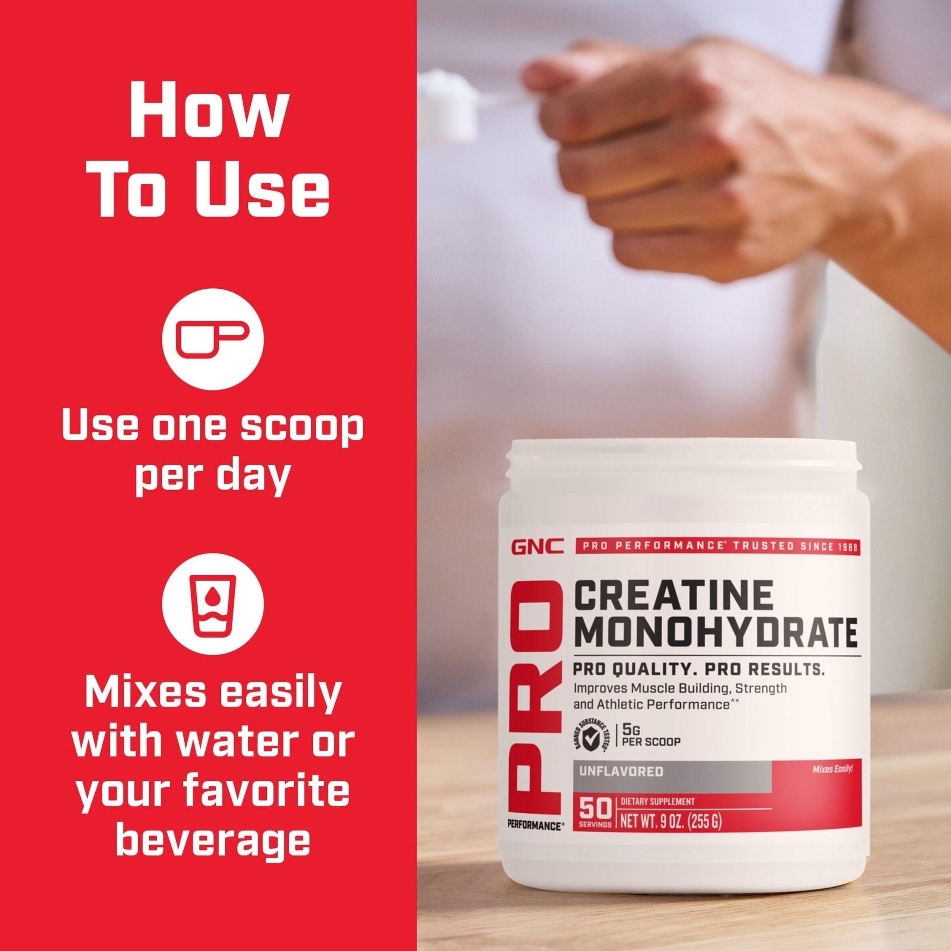 GNC Pro Performance Creatine Monohydrate Powder for Women & Men, 5g Creatine Per Serving, Muscle Building, Energy Production, Endurance, Performance, 50 Servings - Maple Wellness Supplements