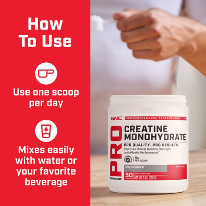 GNC Pro Performance Creatine Monohydrate Powder for Women & Men, 5g Creatine Per Serving, Muscle Building, Energy Production, Endurance, Performance, 50 Servings - Maple Wellness Supplements