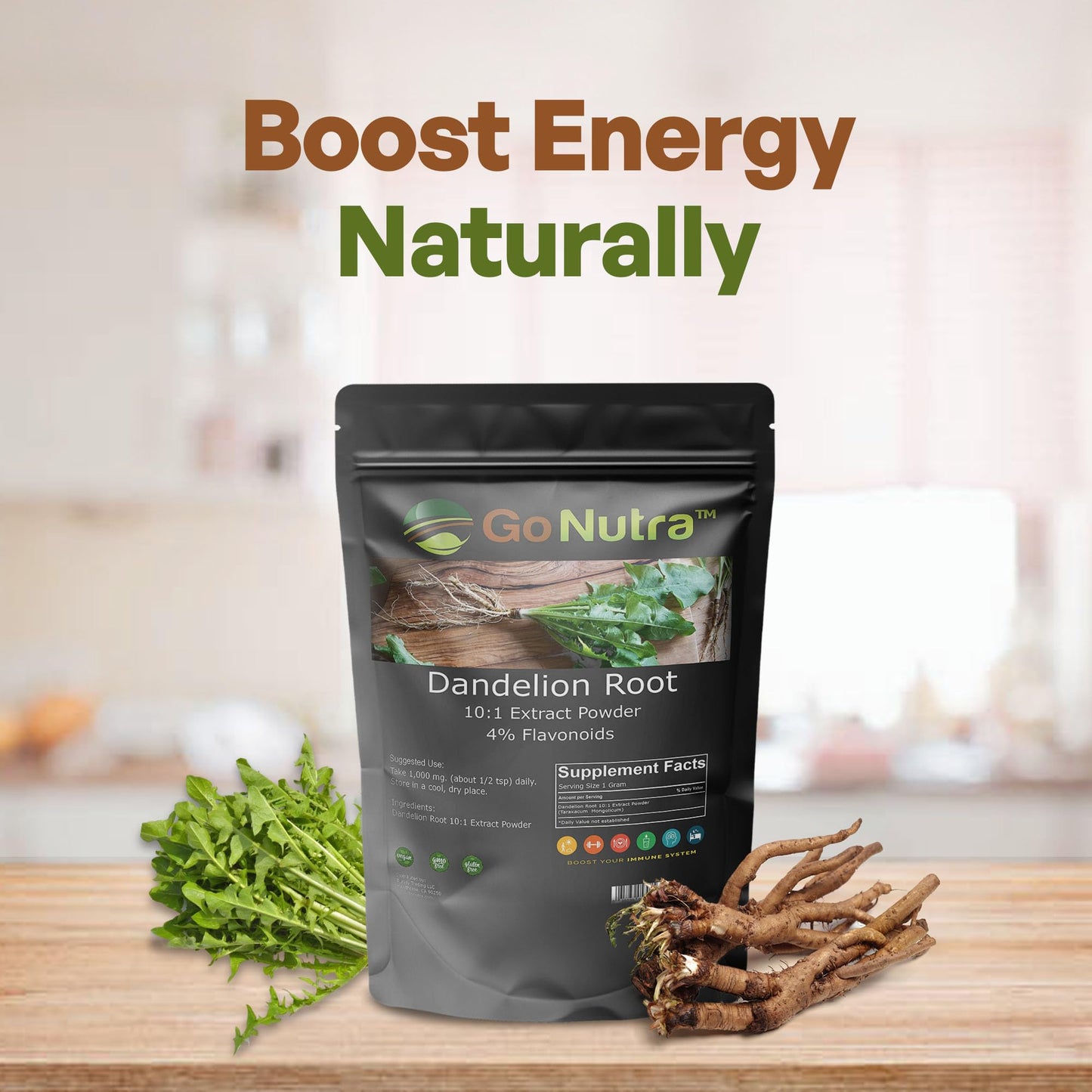 Go Nutra - Dandelion Root Powder, Potent 10:1 Dandelion Root Extract with 4% Flavonoids - Maple Wellness Supplements