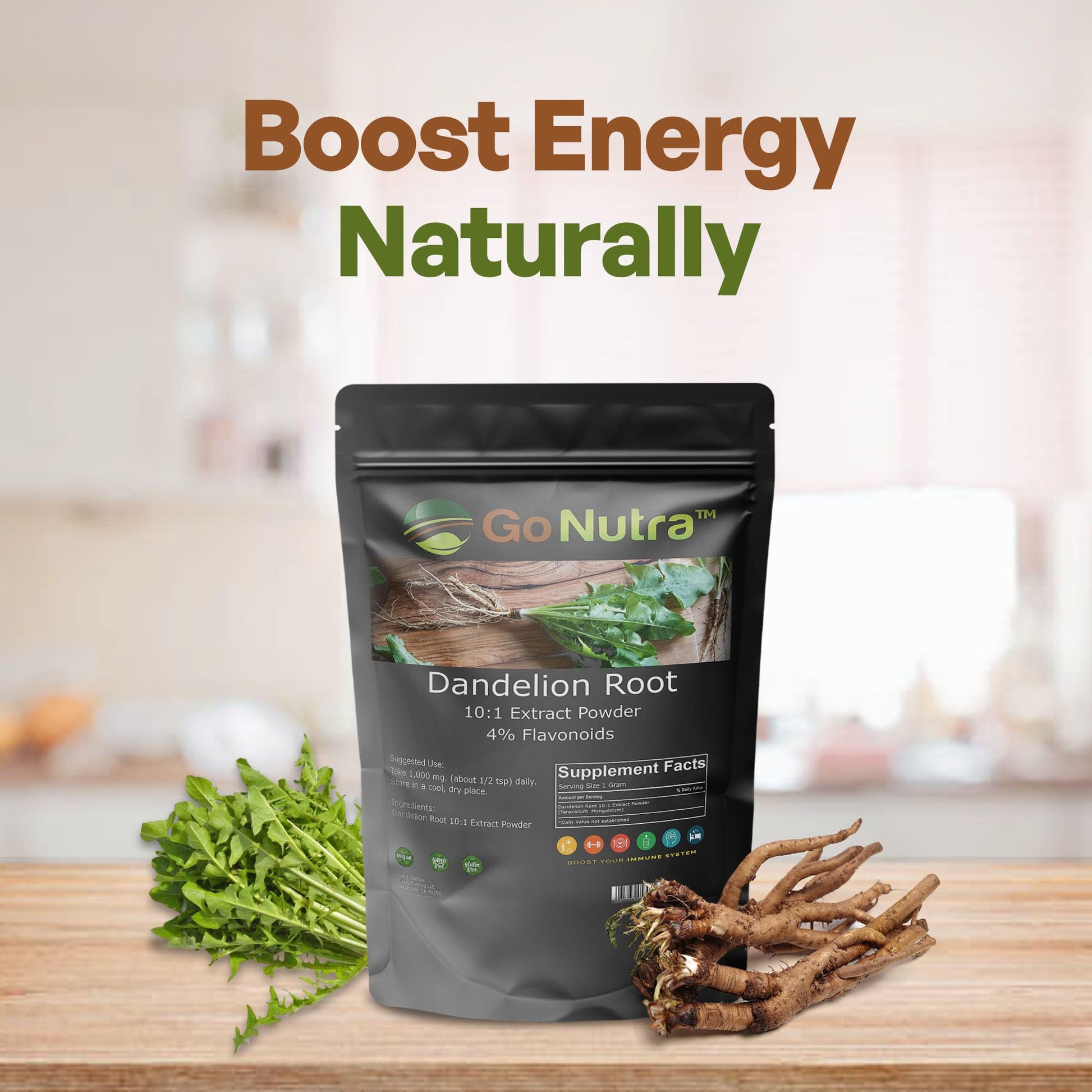 Go Nutra - Dandelion Root Powder, Potent 10:1 Dandelion Root Extract with 4% Flavonoids - Maple Wellness Supplements
