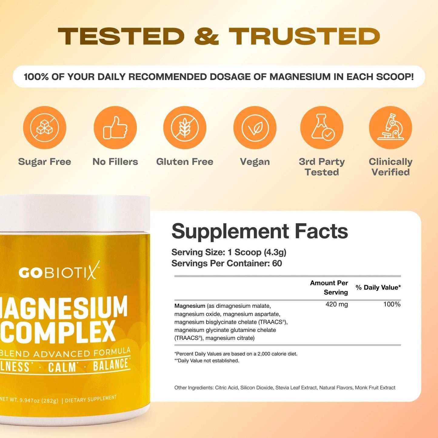 GoBiotix Magnesium Glycinate Powder – Cortisol Supplements for Women and Men – High Absorption Magnesium Complex Calm Supplement with Citrate, Malate – Sugar Free – 420 mg, 60 Servings - Honey Citrus - Maple Wellness Supplements