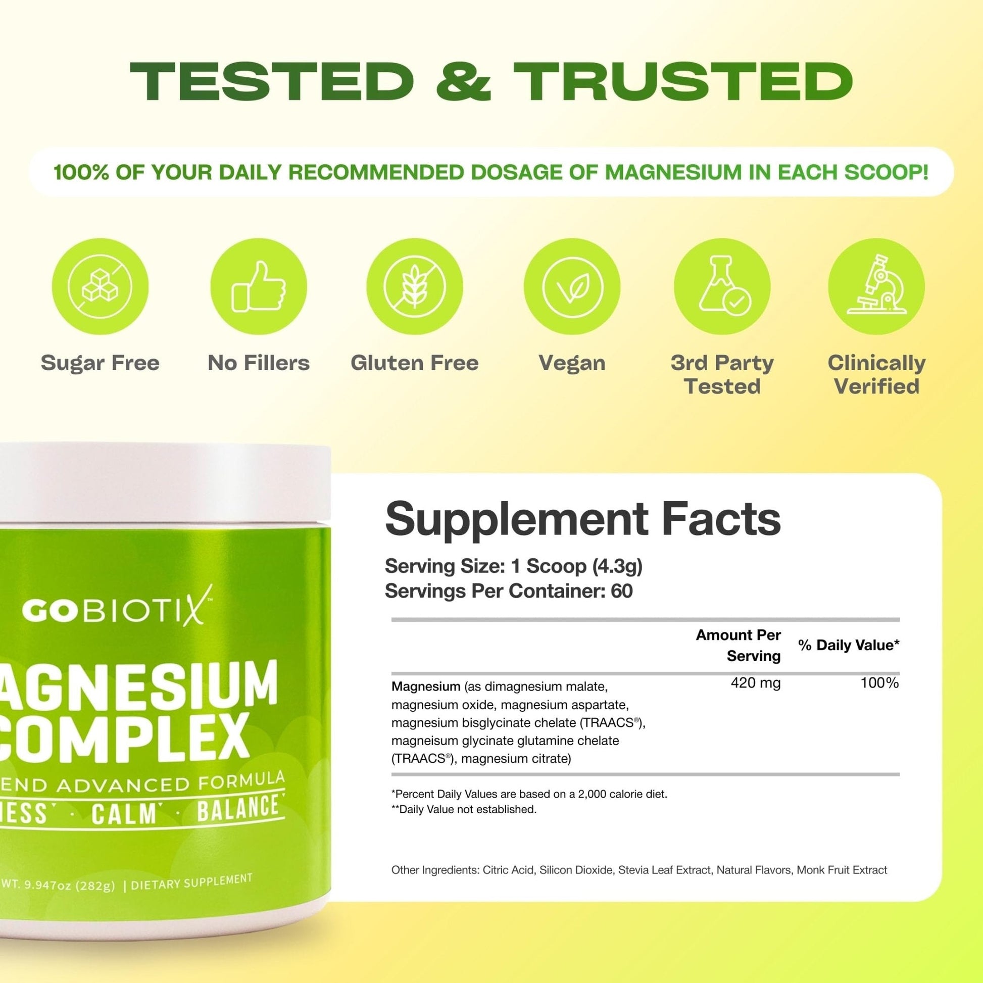 GoBiotix Magnesium Glycinate Powder – Cortisol Supplements for Women and Men – High Absorption Magnesium Complex Calm Supplement with Citrate, Malate – Sugar Free – 420 mg, 60 Servings - Lemon Lime - Maple Wellness Supplements