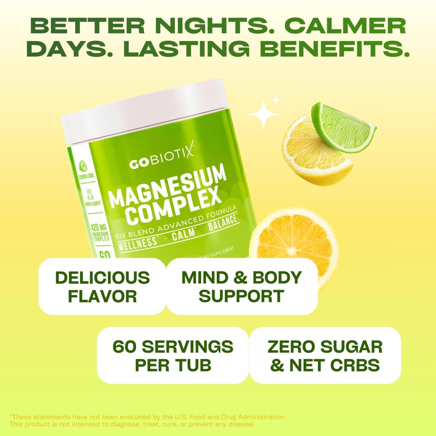 GoBiotix Magnesium Glycinate Powder – Cortisol Supplements for Women and Men – High Absorption Magnesium Complex Calm Supplement with Citrate, Malate – Sugar Free – 420 mg, 60 Servings - Lemon Lime - Maple Wellness Supplements
