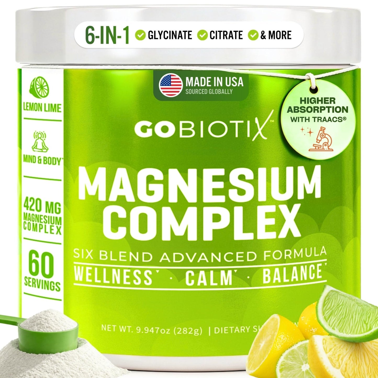 GoBiotix Magnesium Glycinate Powder – Cortisol Supplements for Women and Men – High Absorption Magnesium Complex Calm Supplement with Citrate, Malate – Sugar Free – 420 mg, 60 Servings - Lemon Lime - Maple Wellness Supplements