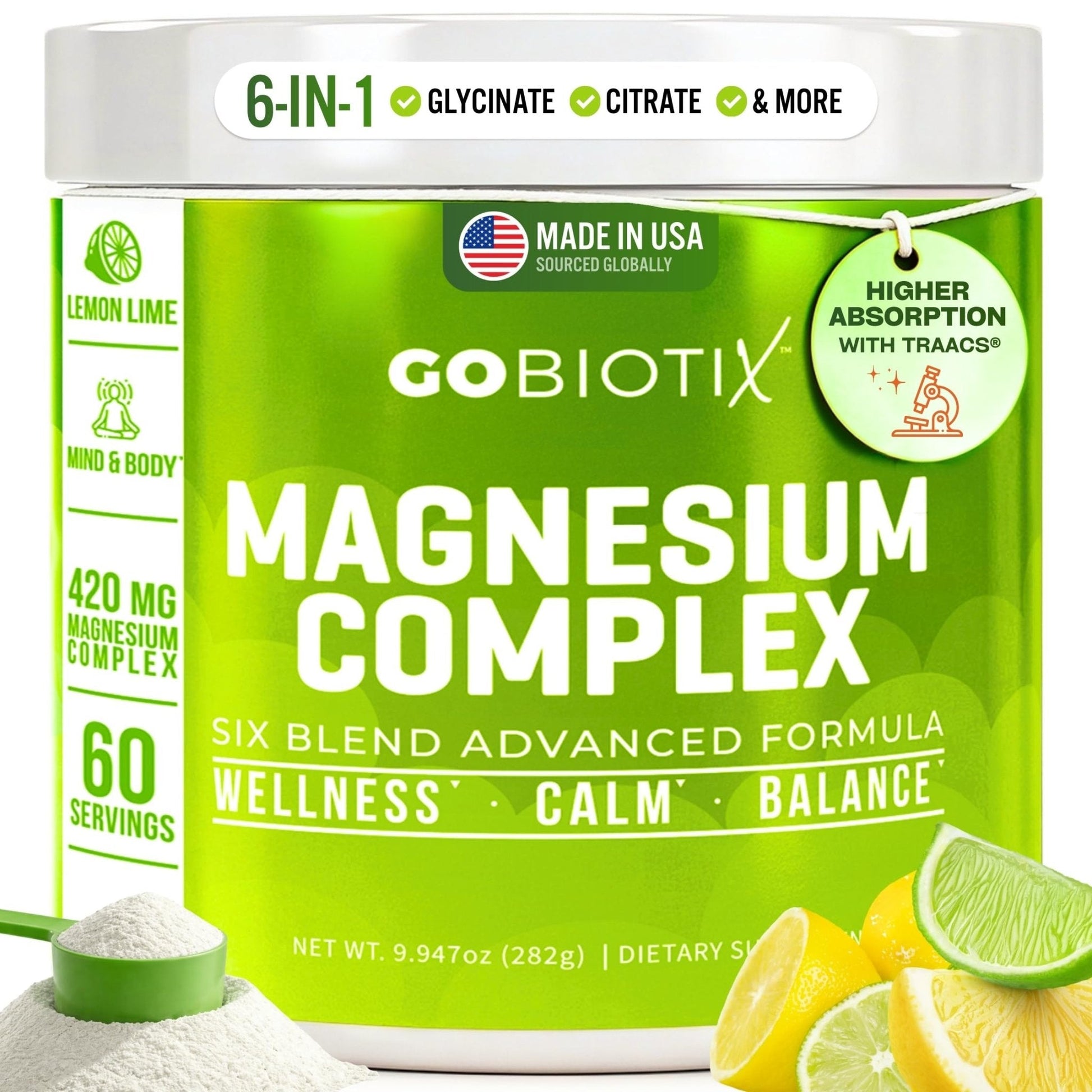 GoBiotix Magnesium Glycinate Powder – Cortisol Supplements for Women and Men – High Absorption Magnesium Complex Calm Supplement with Citrate, Malate – Sugar Free – 420 mg, 60 Servings - Lemon Lime - Maple Wellness Supplements