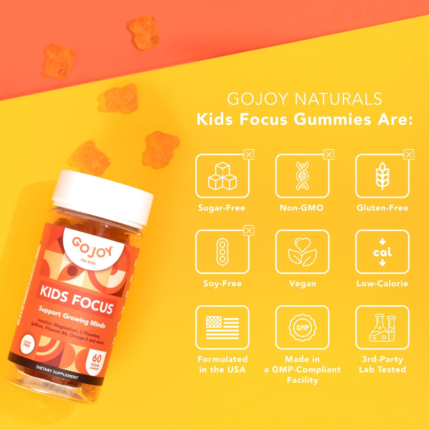 GOJOY NATURALS Kids Focus Gummies – Saffron, Magnesium Glycinate, L-Theanine & Inositol Supplement for Kids & Teens – Focus - Maple Wellness Supplements