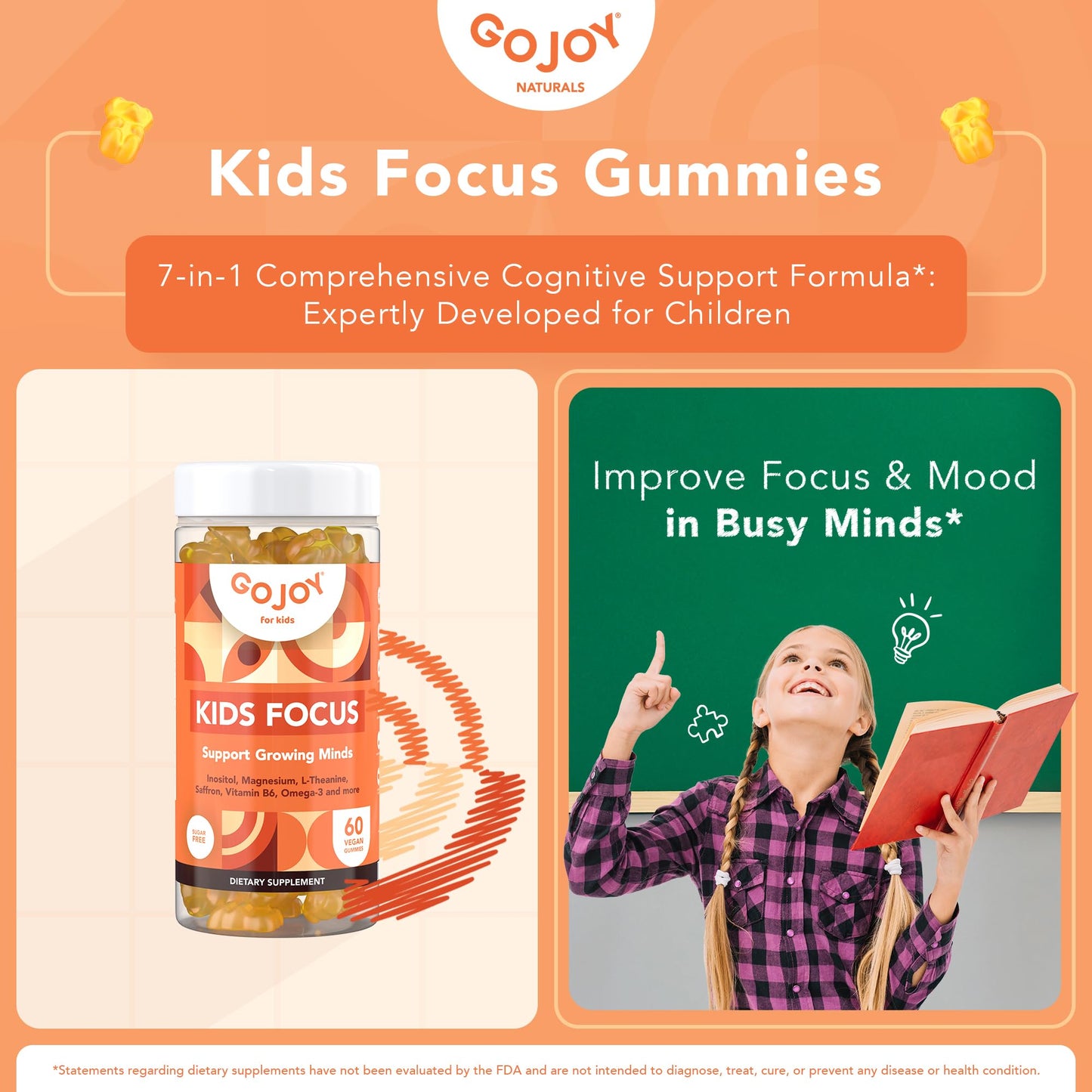 GOJOY NATURALS Kids Focus Gummies – Saffron, Magnesium Glycinate, L-Theanine & Inositol Supplement for Kids & Teens – Focus - Maple Wellness Supplements