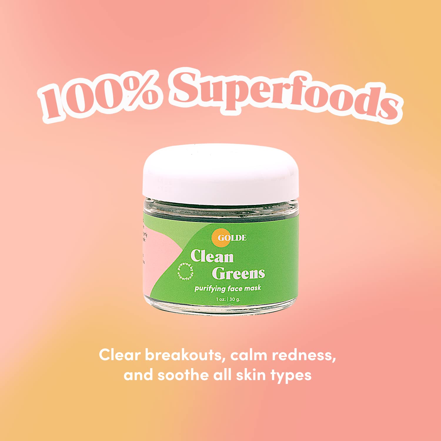 GOLDE - Clean Greens Superfood Face Mask - Made w/Chlorella & Spirulina - Great for Acne Prone, Oily & Dry Skin, Hydrating - Gentle Cleanser - Vegan - Aluminum-Free - 30g Jar - Maple Wellness Supplements