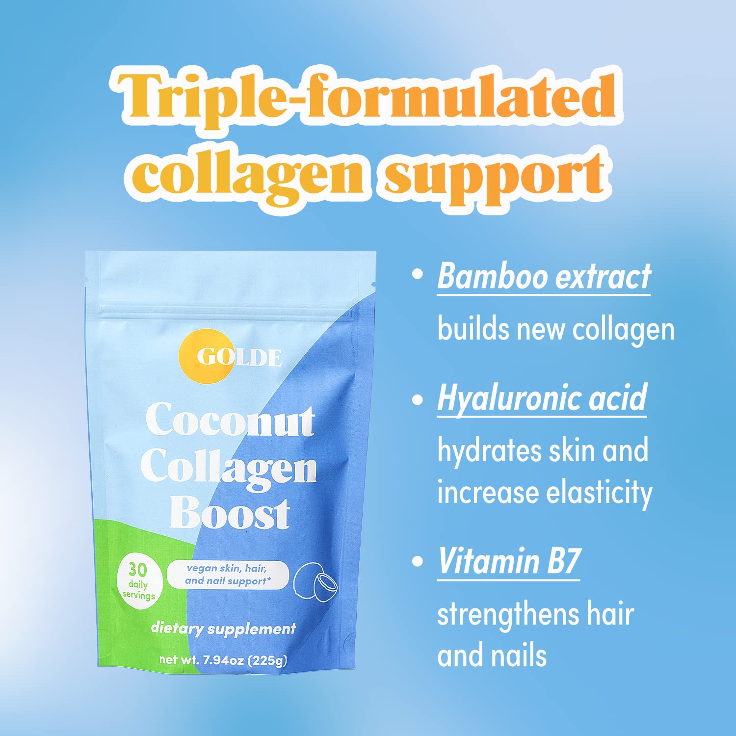 GOLDE - Collagen Boost Vegan Creamer - Vanilla Cream - Plant Based Collagen Supplement w/Hyaluronic Acid, Biotin, & Bamboo Extract - Zero Sugar - Supports Hair, Skin, & Nail Health - 15 Servings - Maple Wellness Supplements