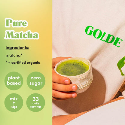 GOLDE - Pure Matcha - Ceremonial Grade Matcha Powder - Green Tea Superfood w/L-Theanine & Antioxidants - 60mg Caffeine - Jitter Free Energy - 100g Pouch - Maple Wellness Supplements