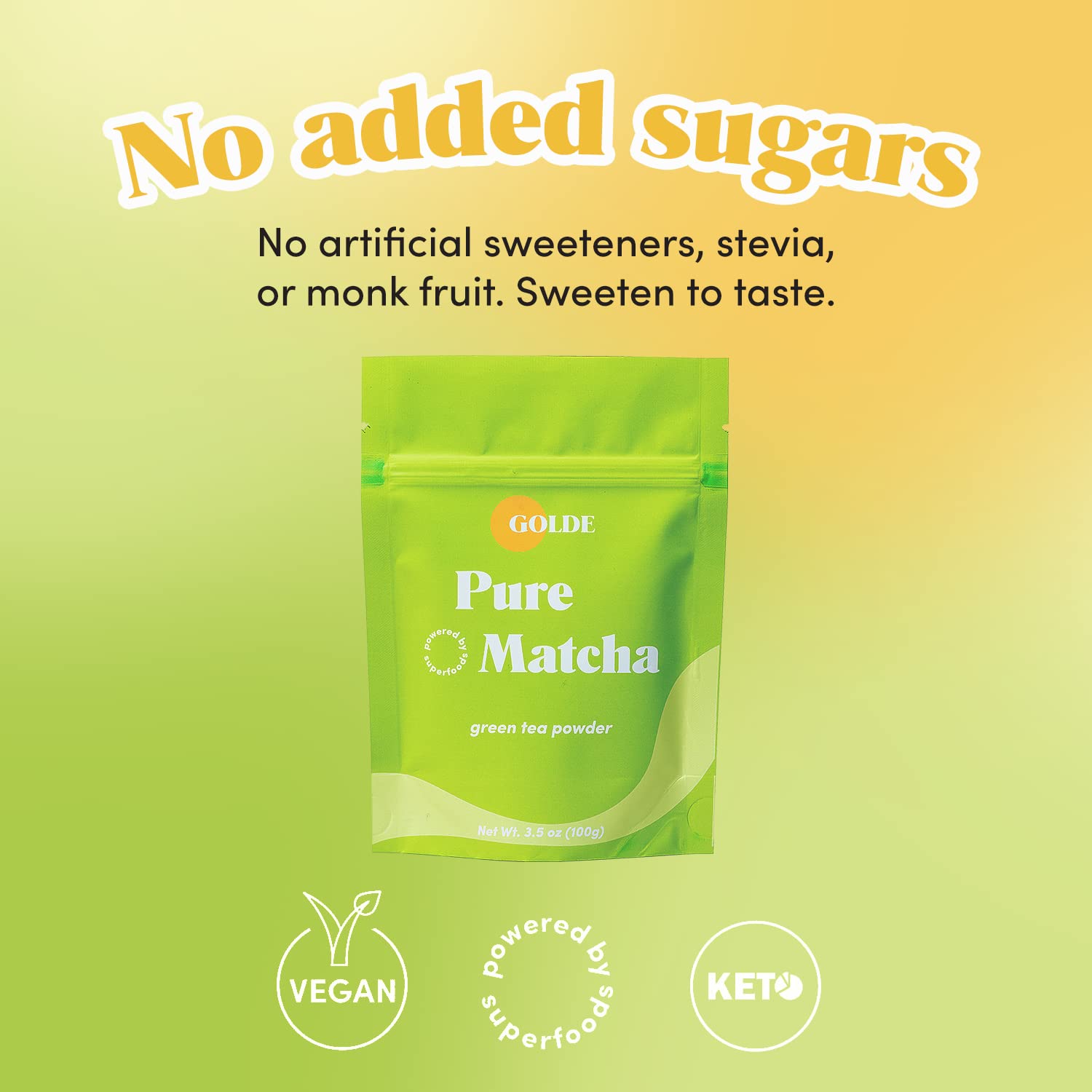 GOLDE - Pure Matcha - Ceremonial Grade Matcha Powder - Green Tea Superfood w/L-Theanine & Antioxidants - 60mg Caffeine - Jitter Free Energy - 100g Pouch - Maple Wellness Supplements