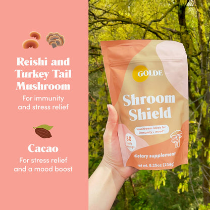 GOLDE Shroom Shield - Plant Based Superfood Blend w/Turkey Tail Mushroom & Reishi Mushroom Extract - Stress Defense - Antioxidants & Prebiotics - Vegan, Keto, & Sugar-Free Hot Cocoa - 30 Servings - Maple Wellness Supplements