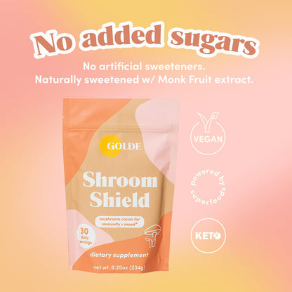 GOLDE Shroom Shield - Plant Based Superfood Blend w/Turkey Tail Mushroom & Reishi Mushroom Extract - Stress Defense - Antioxidants & Prebiotics - Vegan, Keto, & Sugar-Free Hot Cocoa - 30 Servings - Maple Wellness Supplements