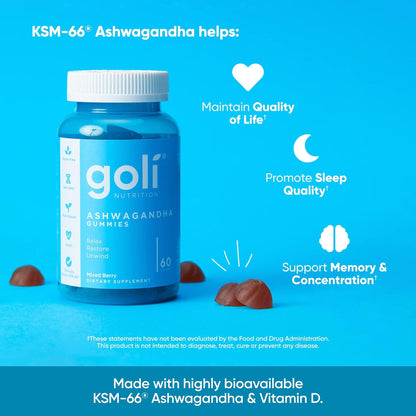 Goli Ashwagandha & Vitamin D Gummy - 60 Count - Mixed Berry, KSM-66, Vegan, Plant Based, Non-GMO, Gluten-Free & Gelatin Free Relax. Restore. Unwind, Pack of 1 - Maple Wellness Supplements