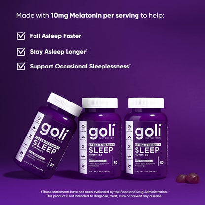 Goli Nutritional Supplement, Extra Strength Sleep Gummy 10mg Melatonin - 1 Pack 50 Count - Gluten-Free, Vegan, Non-GMO, and Gelatin-Free - Maple Wellness Supplements