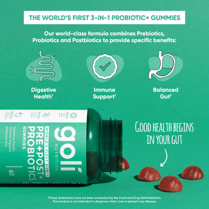 Goli Pre Pro Postbiotic Gummies - Worlds First 3-in-1 Formula with DE111 Probiotics, XOS Prebiotics, MCC1849 Postbiotics - Vegan, Non-GMO, - Maple Wellness Supplements
