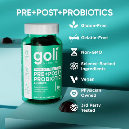 Goli Pre Pro Postbiotic Gummies - Worlds First 3-in-1 Formula with DE111 Probiotics, XOS Prebiotics, MCC1849 Postbiotics - Vegan, Non-GMO, - Maple Wellness Supplements