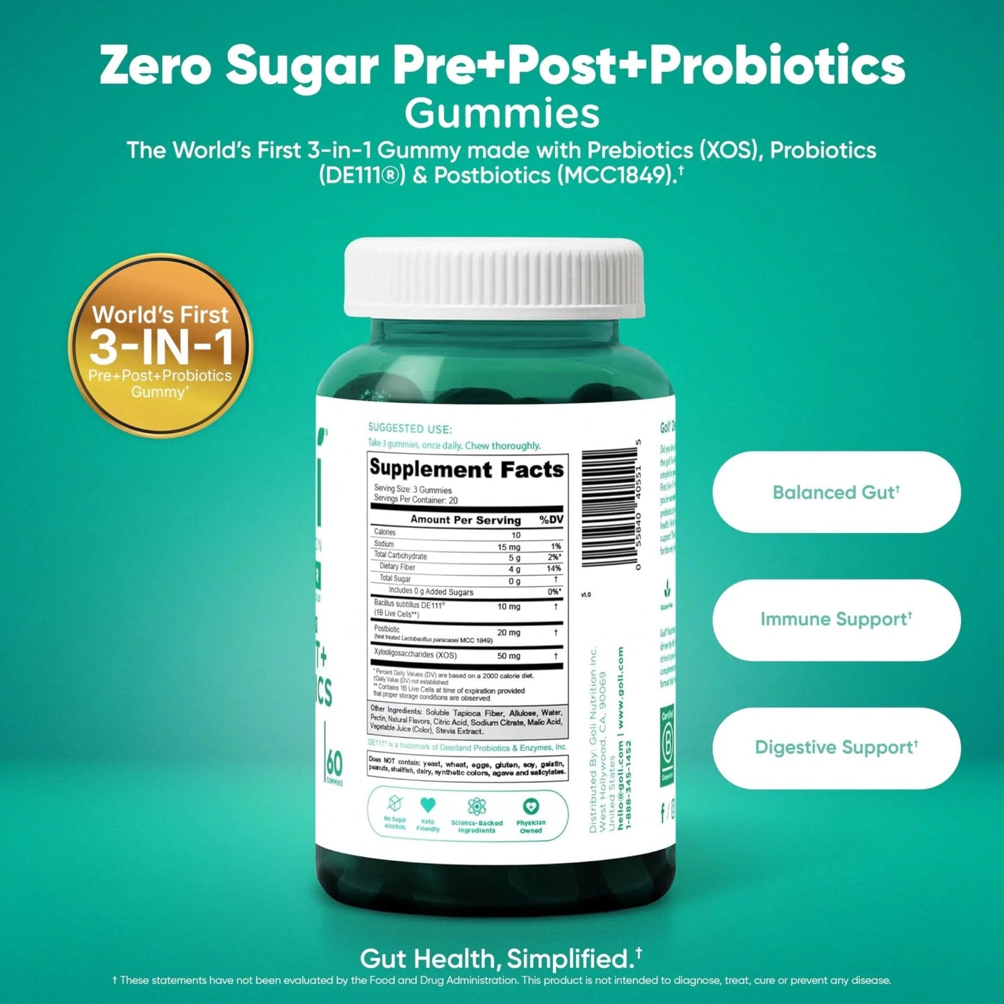 Goli Zero Sugar 6 Pack Bundle - World's First 3-in-1 Pre, Post, Probiotic, Apple Cider Vinegar with Vitamin B12 and Probiotics to Address Bloating, Ashwagandha & L-Theanine, Vitamin D Gummies - Maple Wellness Supplements