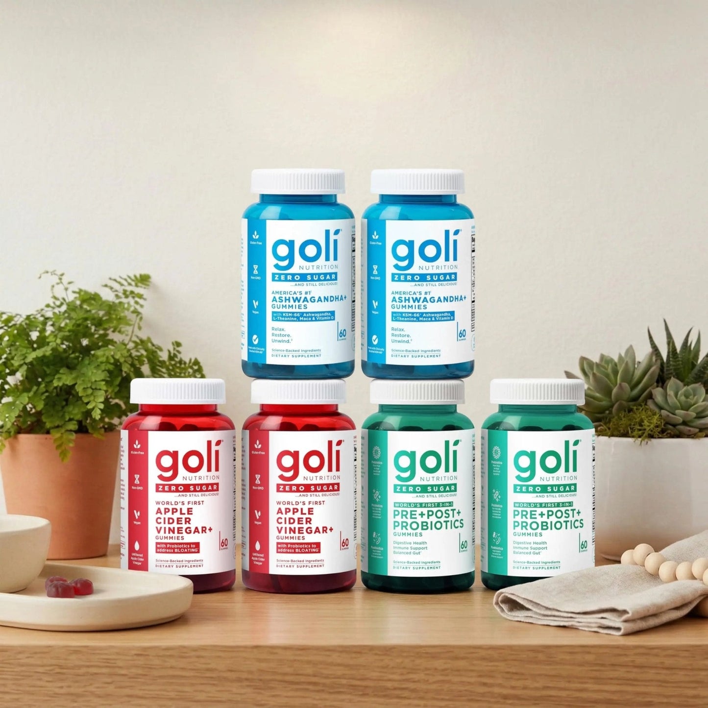 Goli Zero Sugar 6 Pack Bundle - World's First 3-in-1 Pre, Post, Probiotic, Apple Cider Vinegar with Vitamin B12 and Probiotics to Address Bloating, Ashwagandha & L-Theanine, Vitamin D Gummies - Maple Wellness Supplements
