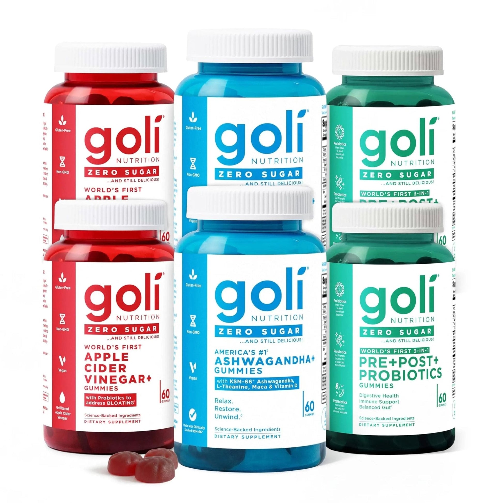 Goli Zero Sugar 6 Pack Bundle - World's First 3-in-1 Pre, Post, Probiotic, Apple Cider Vinegar with Vitamin B12 and Probiotics to Address Bloating, Ashwagandha & L-Theanine, Vitamin D Gummies - Maple Wellness Supplements