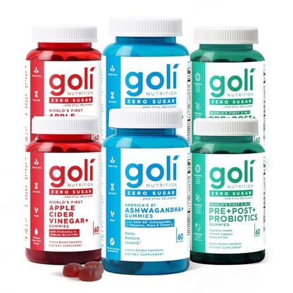 Goli Zero Sugar 6 Pack Bundle - World's First 3-in-1 Pre, Post, Probiotic, Apple Cider Vinegar with Vitamin B12 and Probiotics to Address Bloating, Ashwagandha & L-Theanine, Vitamin D Gummies - Maple Wellness Supplements