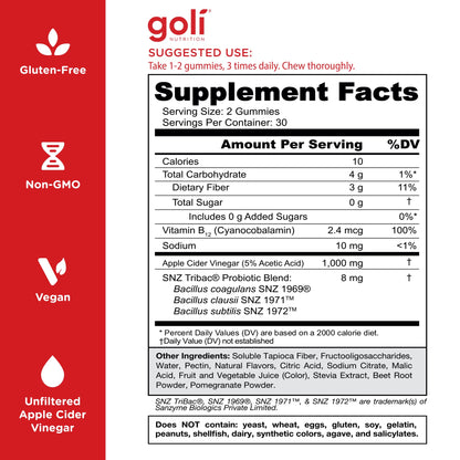 Goli Zero Sugar Apple Cider Vinegar Gummies - ACV with Vitamin B12 and Probiotics - No Sugar Alcohols - Vegan, Keto-Friendly, Gluten-Free - Maple Wellness Supplements