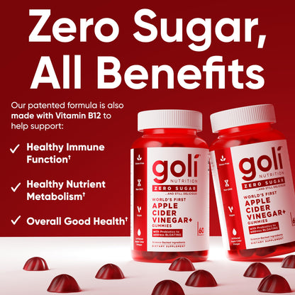 Goli Zero Sugar Apple Cider Vinegar Gummies - ACV with Vitamin B12 and Probiotics - No Sugar Alcohols - Vegan, Keto-Friendly, Gluten-Free - Maple Wellness Supplements