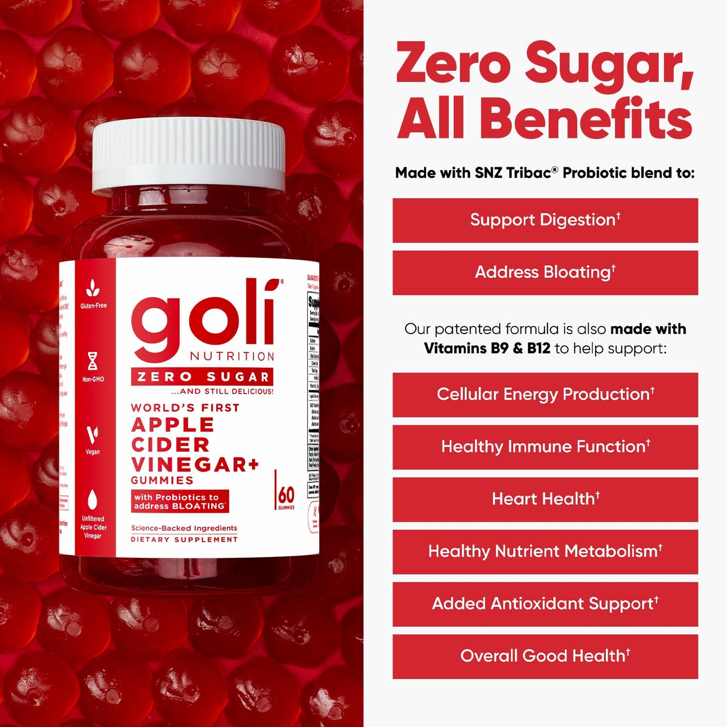 Goli Zero Sugar Apple Cider Vinegar Gummies - ACV with Vitamin B12 and Probiotics - No Sugar Alcohols - Vegan, Keto-Friendly, Gluten-Free - Maple Wellness Supplements