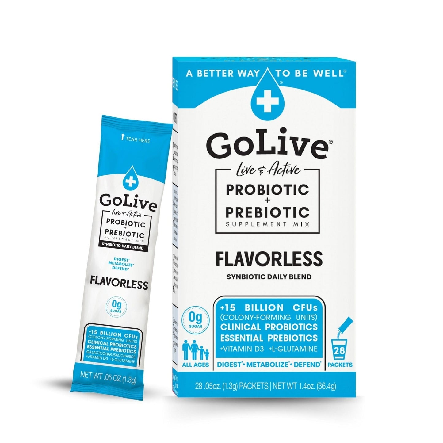 GoLive Prebiotic & Probiotic for Women, Men, Kids. Flavor-Free, Sugar-Free, Synbiotic Powder w/ GOS, L-Glutamine, Vitamin D3, Electrolytes. For Gut Health, Digestion, Metabolism, Immunity 15-50B CFUs. - Maple Wellness Supplements