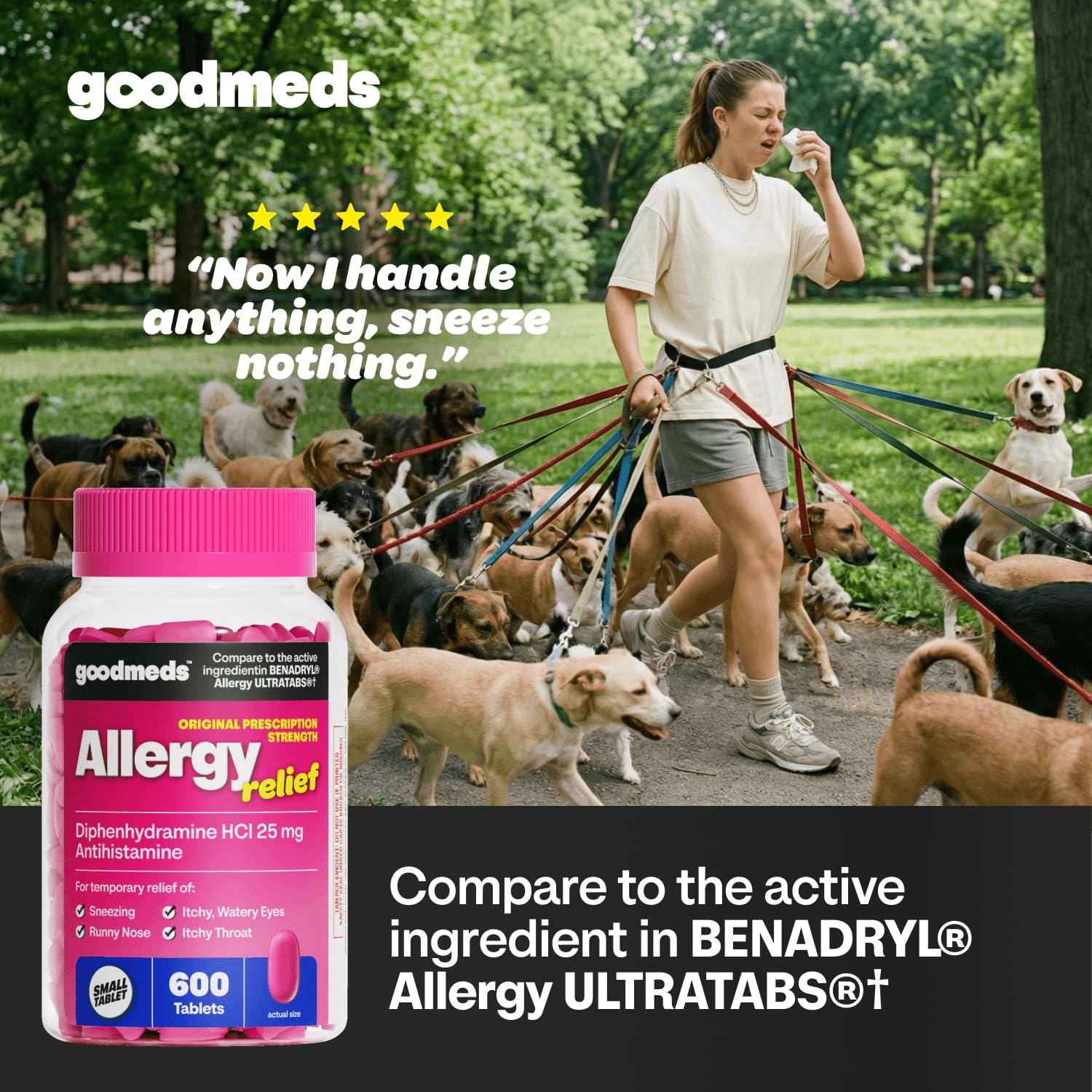 GoodMeds Allergy Medicine Antihistamine, Diphenhydramine HCl 25 mg | Children and Adults | Relieve Itchy Eyes, Runny Nose, Sneezing (25 mg, 600 Tablets) - Maple Wellness Supplements