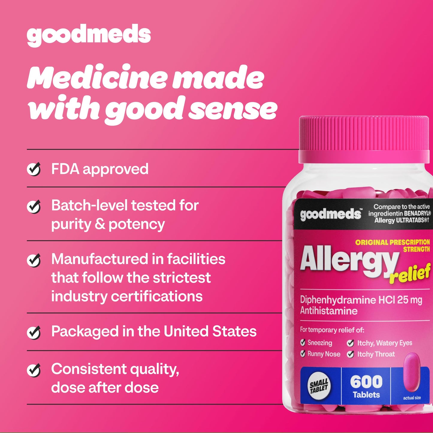 GoodMeds Allergy Medicine Antihistamine, Diphenhydramine HCl 25 mg | Children and Adults | Relieve Itchy Eyes, Runny Nose, Sneezing (25 mg, 600 Tablets) - Maple Wellness Supplements