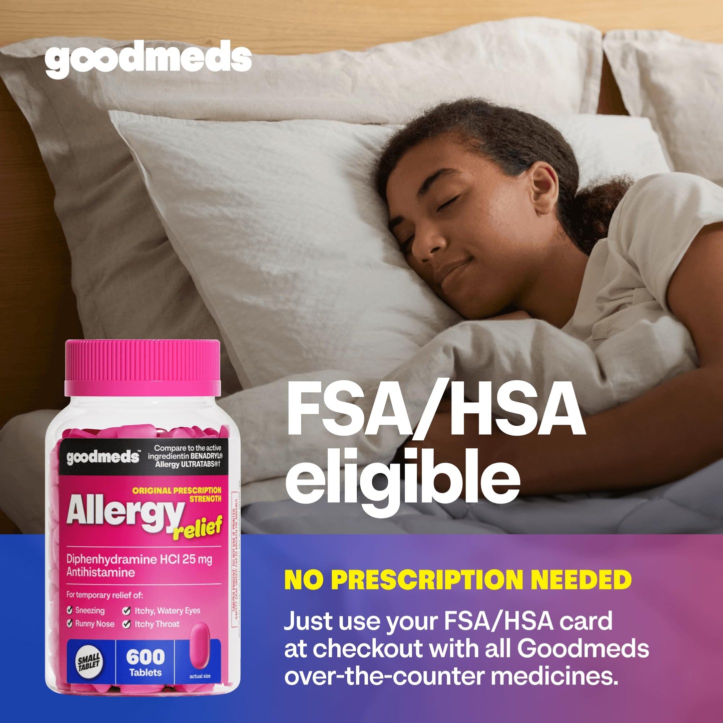 GoodMeds Allergy Medicine Antihistamine, Diphenhydramine HCl 25 mg | Children and Adults | Relieve Itchy Eyes, Runny Nose, Sneezing (25 mg, 600 Tablets) - Maple Wellness Supplements