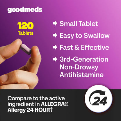 GoodMeds Compare to Allegra | Fexofenadine HCl 180mg | 24-Hour Allergy Relief, Non-Drowsy Antihistamine Generic Medicine for Allergies, Hay Fever, Itchy Eyes | for Kids & Adults (120 Count) - Maple Wellness Supplements