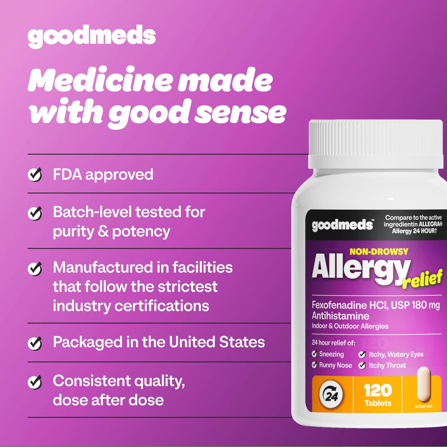 GoodMeds Compare to Allegra | Fexofenadine HCl 180mg | 24-Hour Allergy Relief, Non-Drowsy Antihistamine Generic Medicine for Allergies, Hay Fever, Itchy Eyes | for Kids & Adults (120 Count) - Maple Wellness Supplements